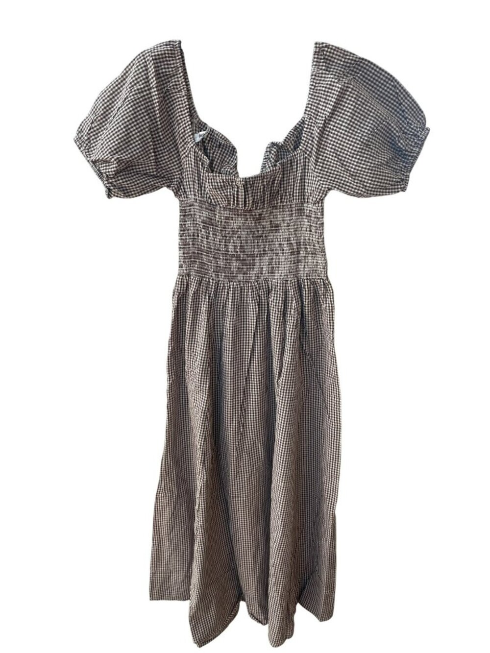 Esmee Exclusive Brown & Cream Gingham Smocked Midi Dress Puff Sleeves Sz 12 NWT - Picture 2 of 9